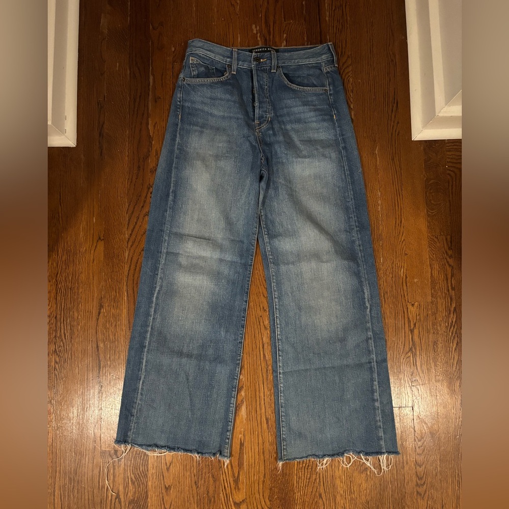 Veronica Beard Distressed Blue Wide Leg Jeans